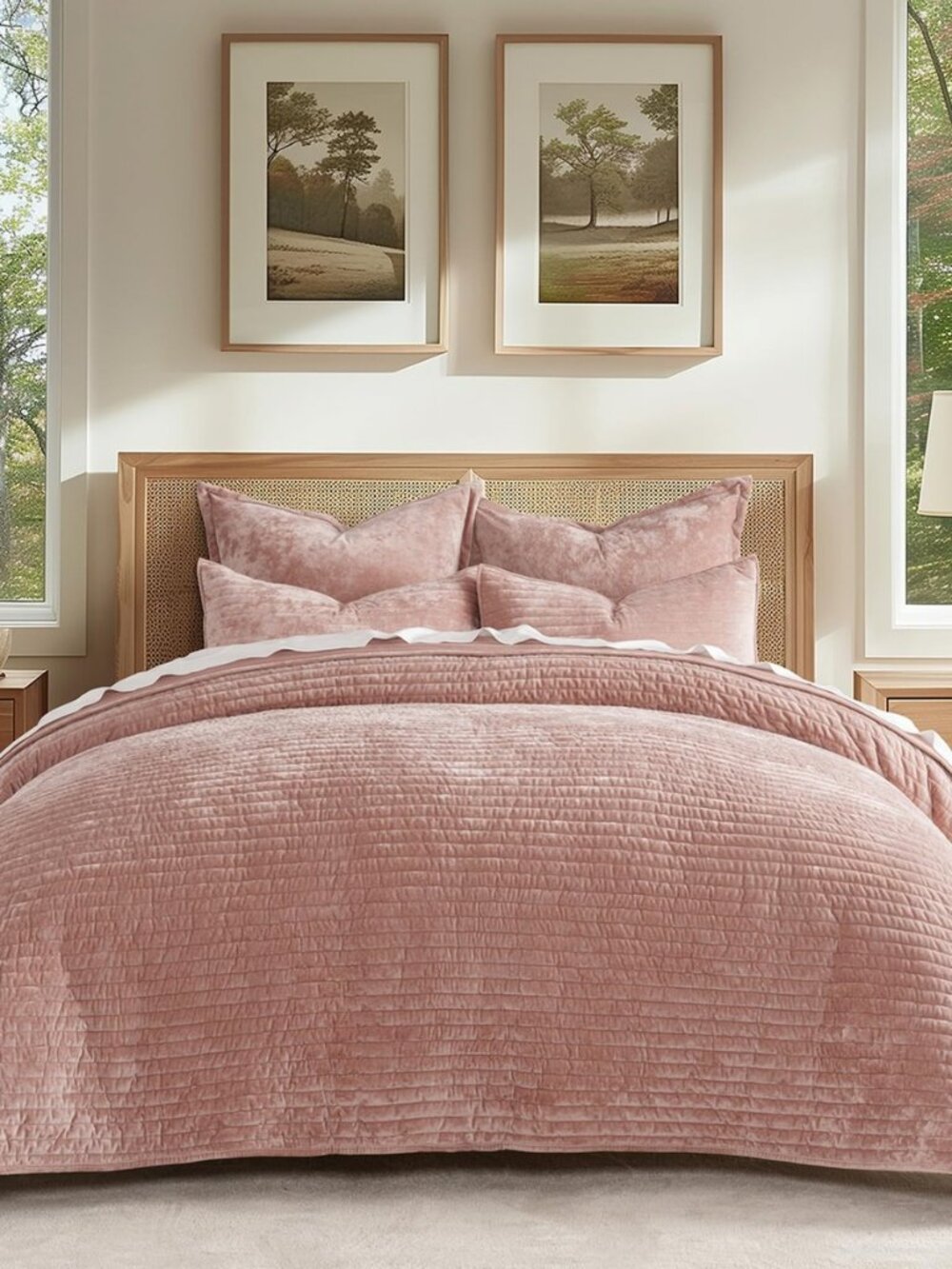 Stripe Channel Luxury Velvet Quilt Set King Size, Pink Clay